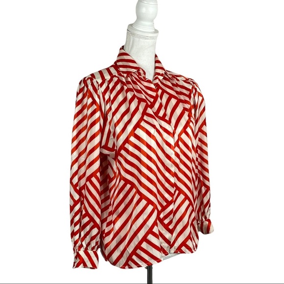 Vintage Evan Picone Petite Red White Mixed Stripe Button Down Satin Blouse - Picture 3 of 9